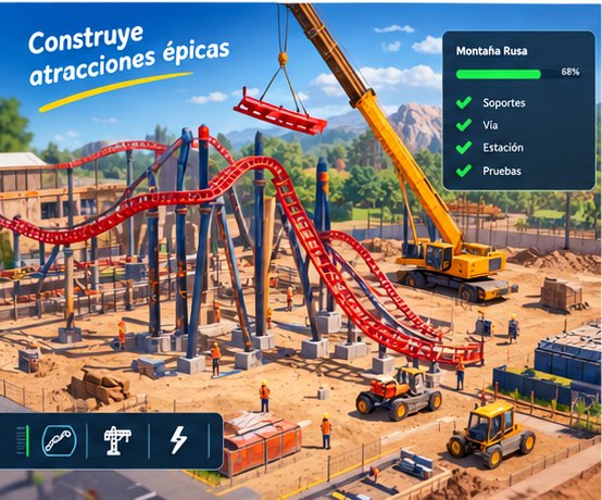 Ilustración: una montaña rusa en construcción con grúas